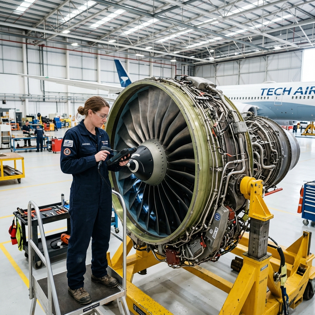 Aircraft maintenance engineer inspecting jet engine