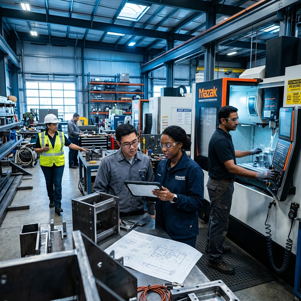 Engineering professionals in a modern workshop