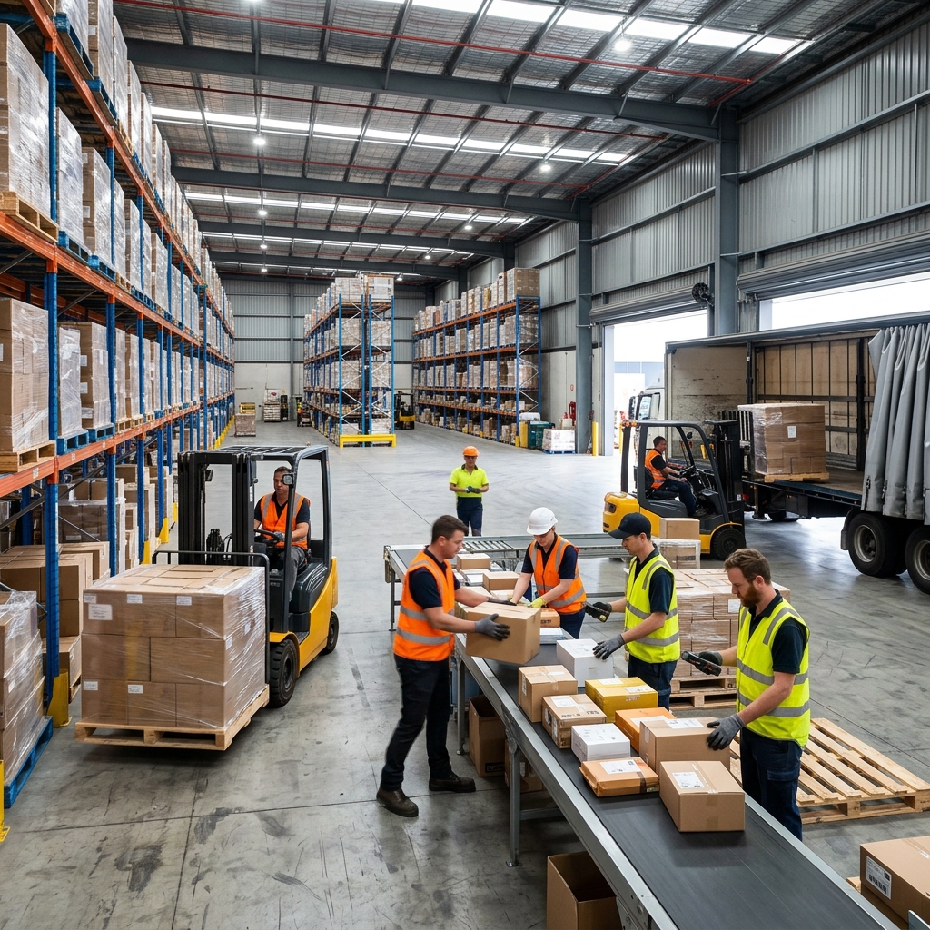 Warehouse workers operating forklifts and sorting logistics