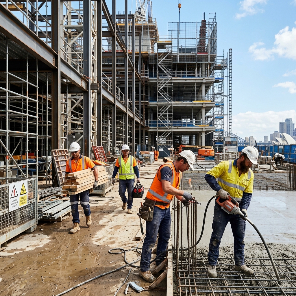 Construction workforce in hi-vis on site