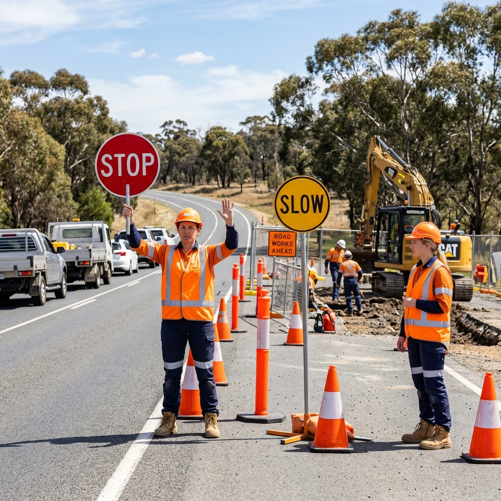 Traffic management worker on a road work site